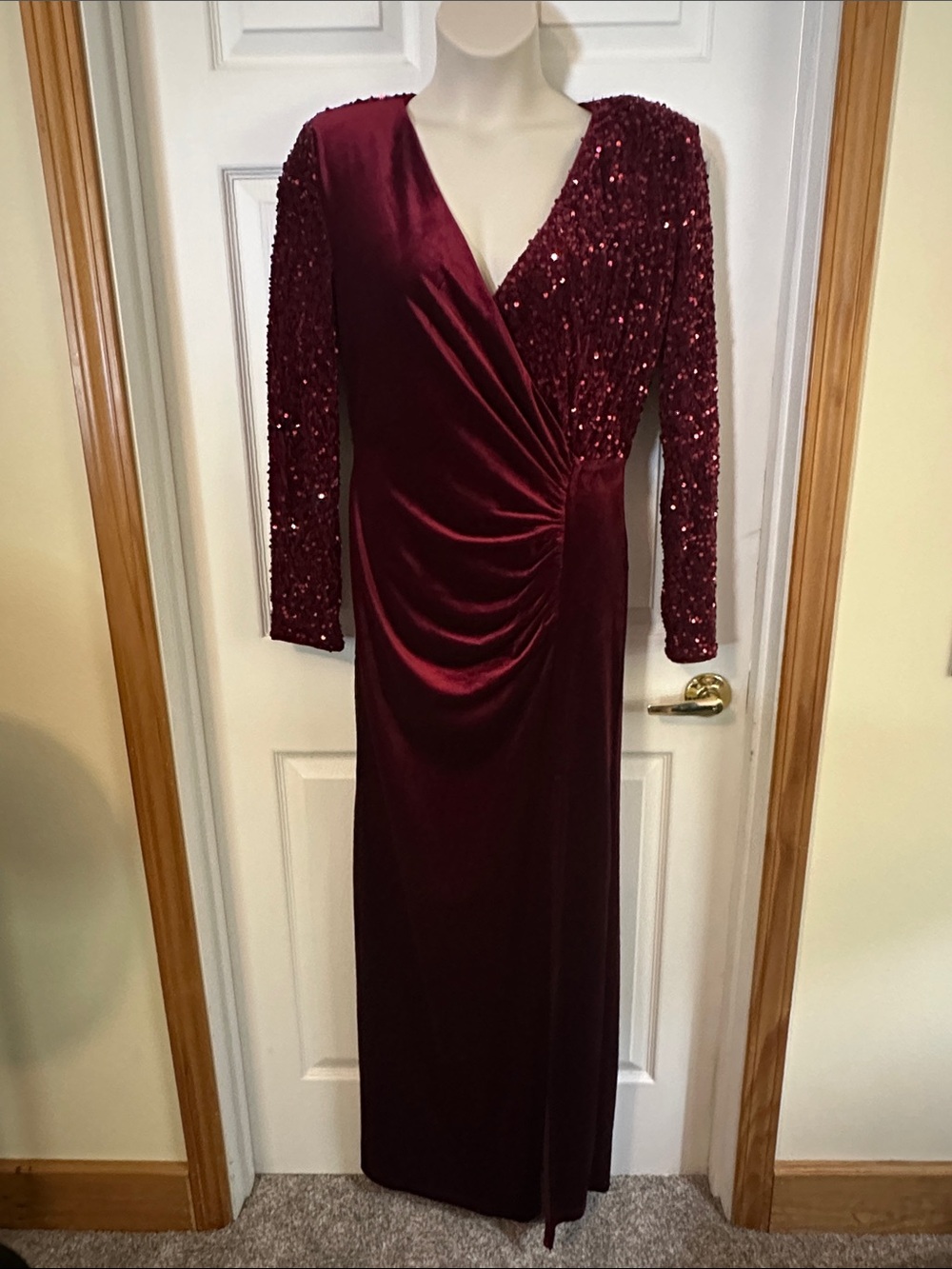 Burgundy Sequin Velvet Long-Sleeve Wrap Gown